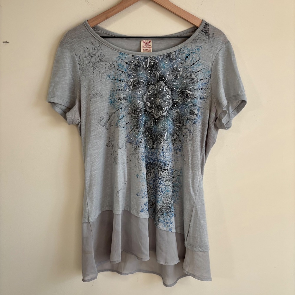 Faded Glory Womens XL Gray Mandala Graphic Rhinestone Sheer Hem Tunic Top